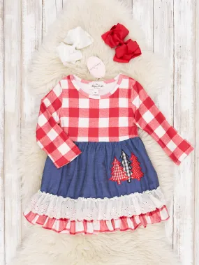 Red Gingham Chambray Christmas Tree Ruffle Dress