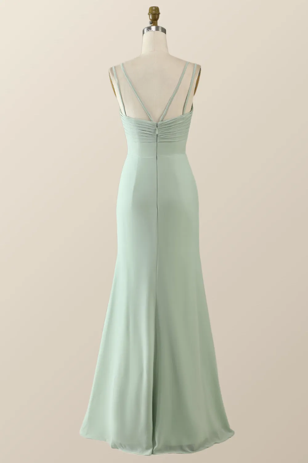 Scoop Mint Green Chiffon Pleated Long Bridesmaid Dress