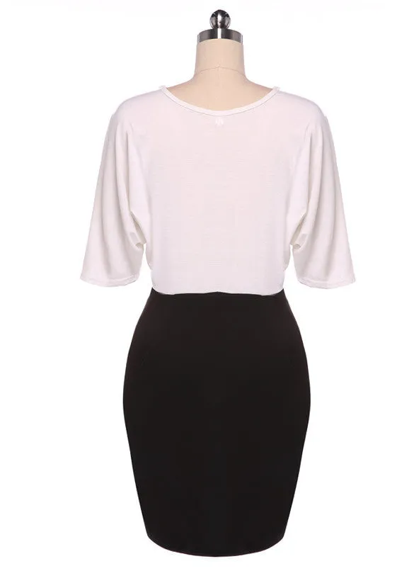 Short Sleeve V-neck Patchwork Chiffon Bodycon Dress