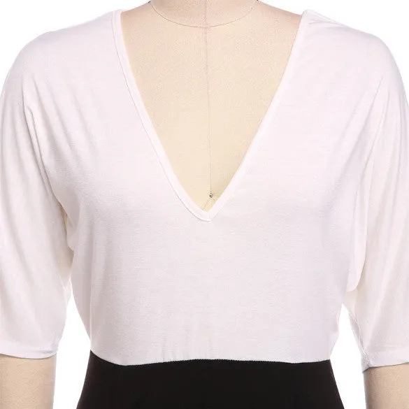 Short Sleeve V-neck Patchwork Chiffon Bodycon Dress