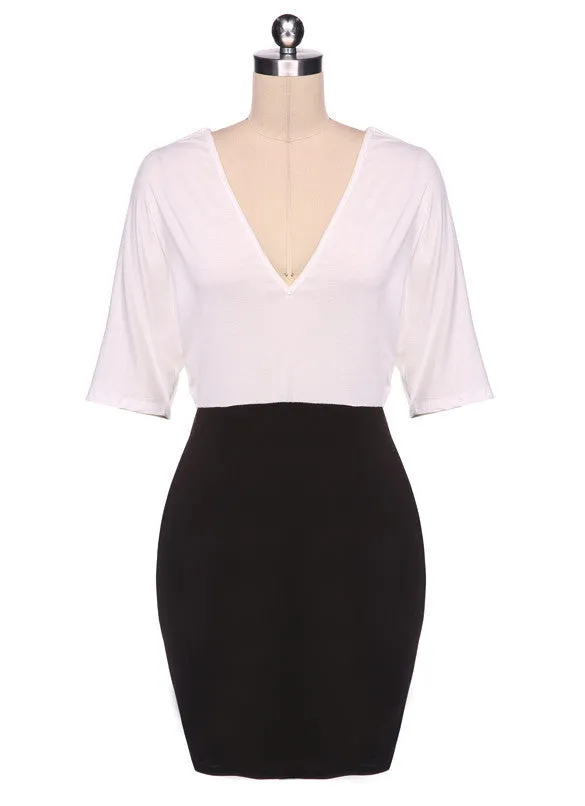 Short Sleeve V-neck Patchwork Chiffon Bodycon Dress