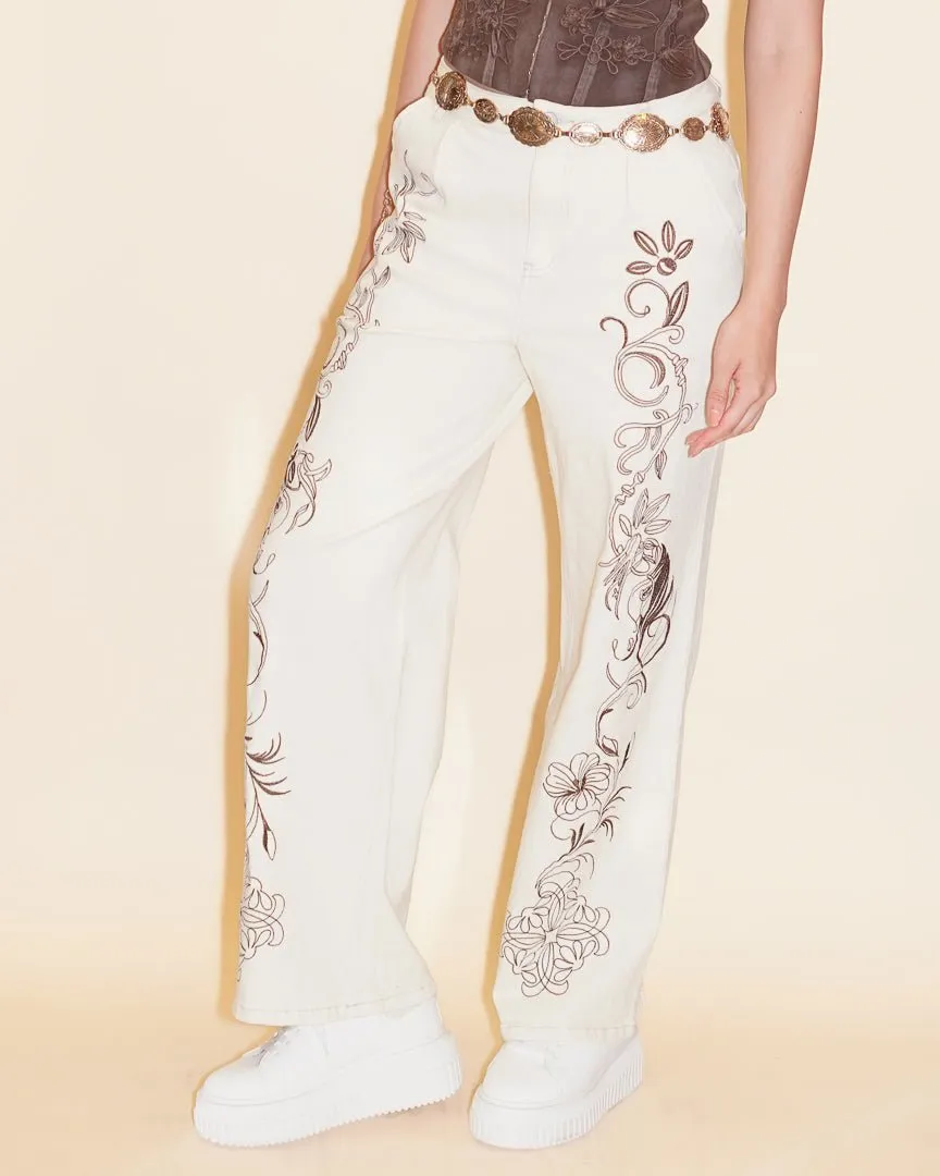 Starshine Beige Western Embroidered Twill Wide Leg Denim Trousers