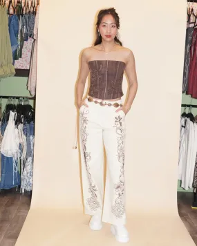 Starshine Beige Western Embroidered Twill Wide Leg Denim Trousers