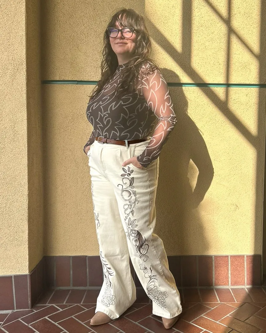 Starshine Beige Western Embroidered Twill Wide Leg Denim Trousers