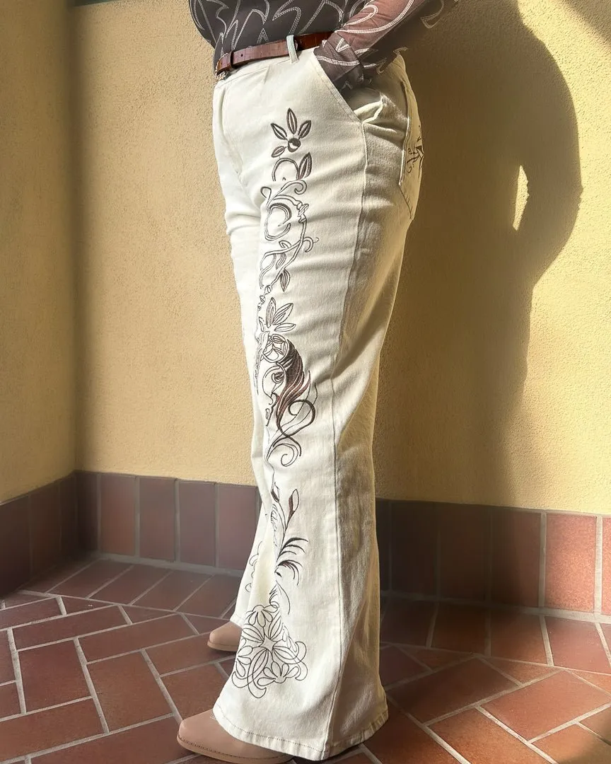 Starshine Beige Western Embroidered Twill Wide Leg Denim Trousers