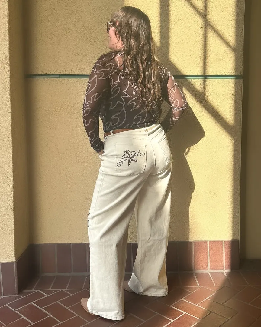 Starshine Beige Western Embroidered Twill Wide Leg Denim Trousers