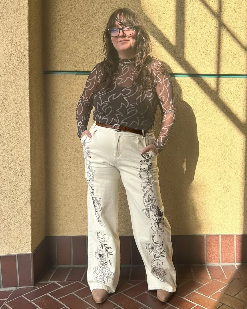 Starshine Beige Western Embroidered Twill Wide Leg Denim Trousers