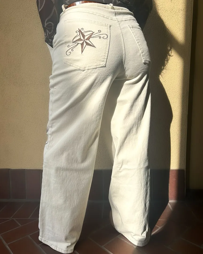 Starshine Beige Western Embroidered Twill Wide Leg Denim Trousers