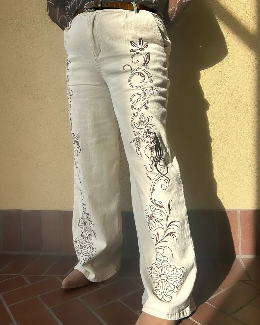 Starshine Beige Western Embroidered Twill Wide Leg Denim Trousers