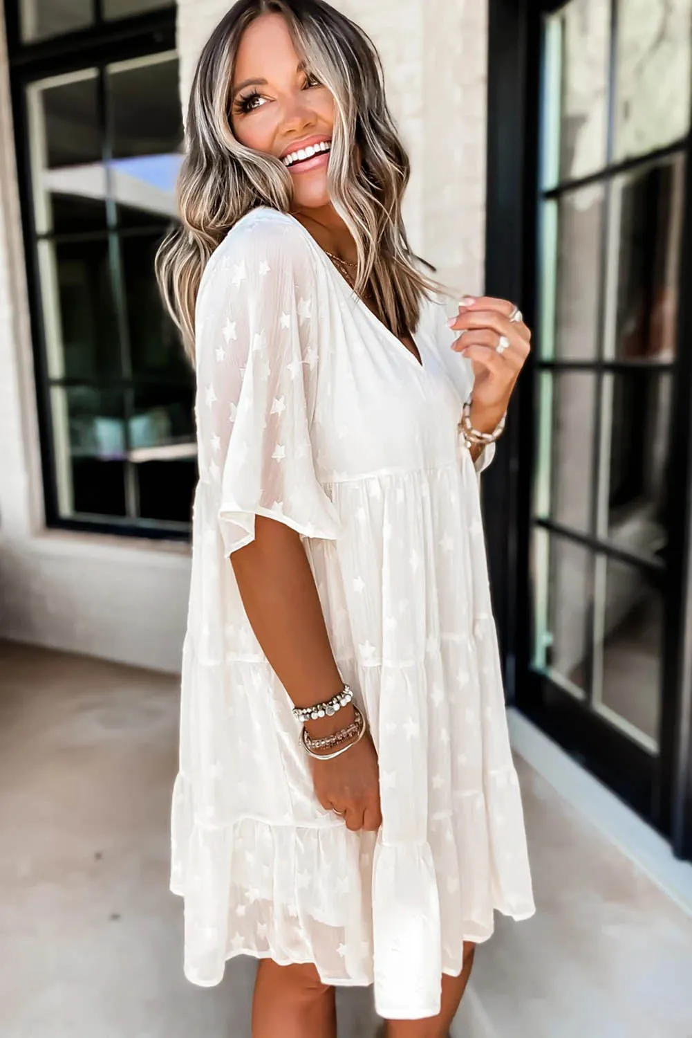 Swiss Dot Short Sleeve Tiered Ruffle Mini Dress