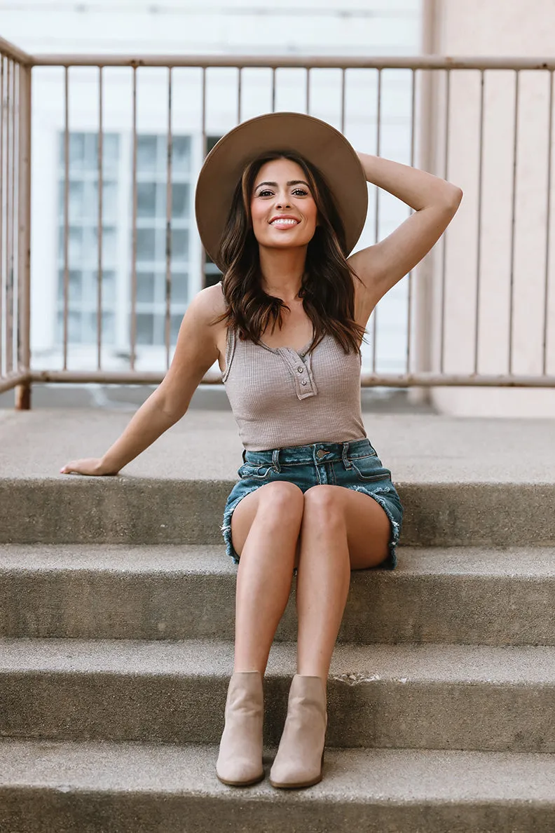 The Emeila Ribbed Henley Tank Top- Taupe