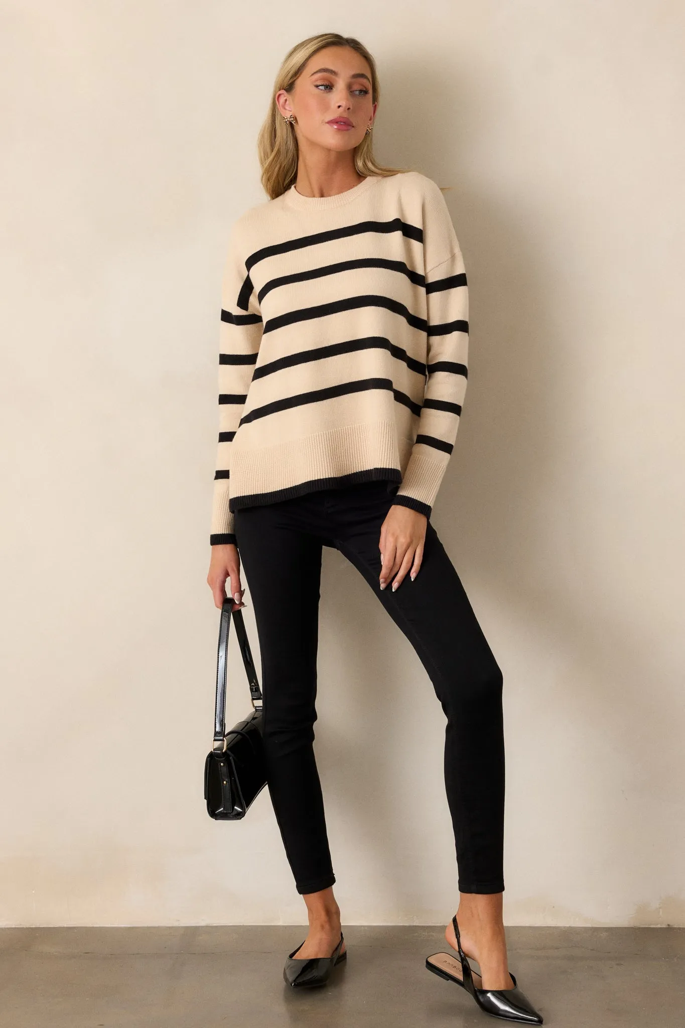 Time to Unwind Beige Stripe Knit Sweater