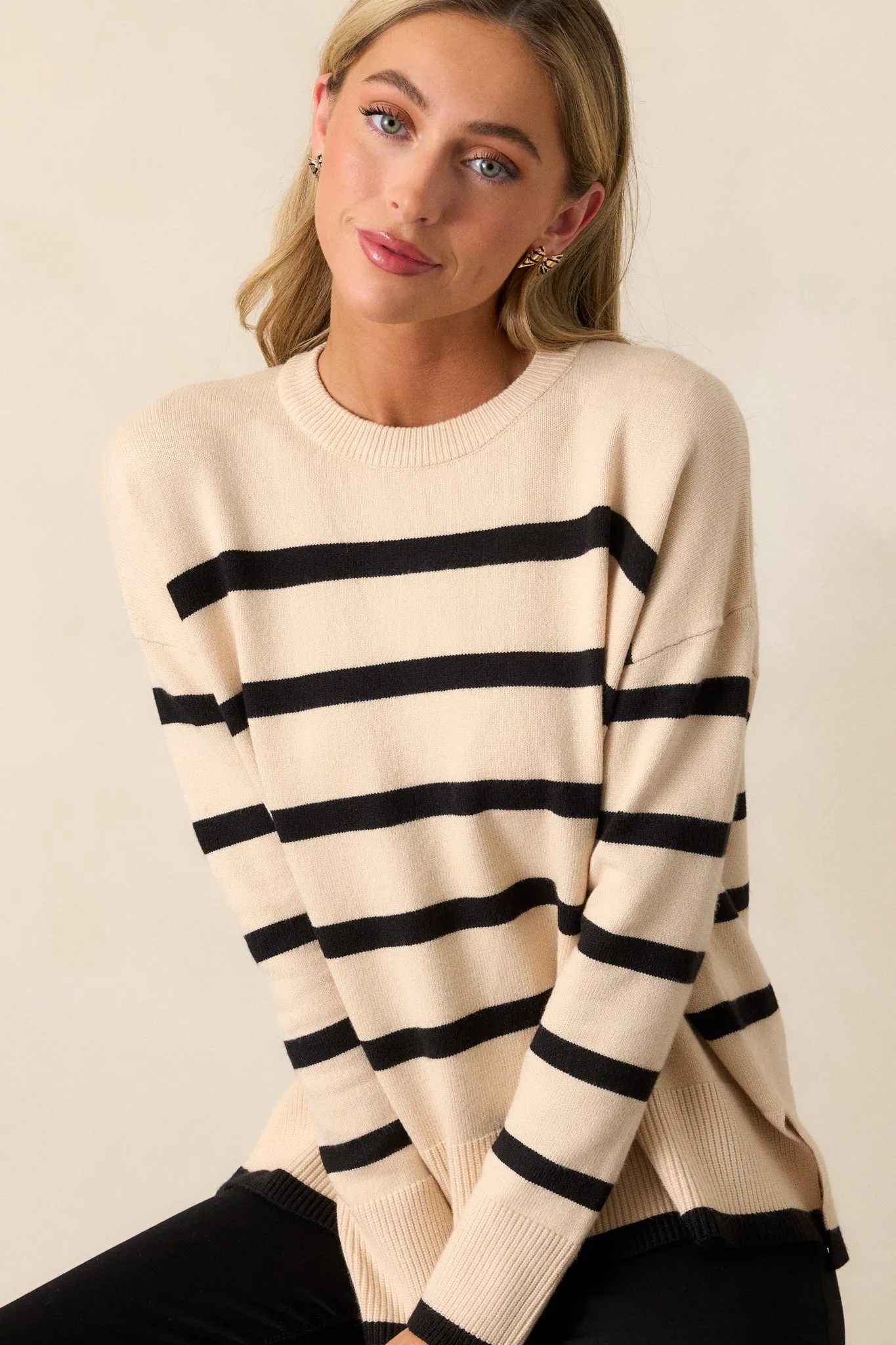 Time to Unwind Beige Stripe Knit Sweater