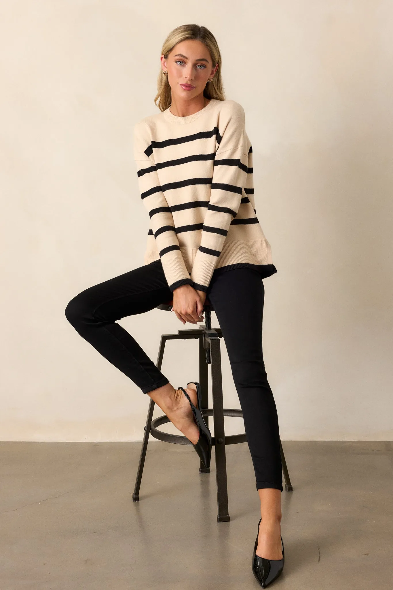 Time to Unwind Beige Stripe Knit Sweater