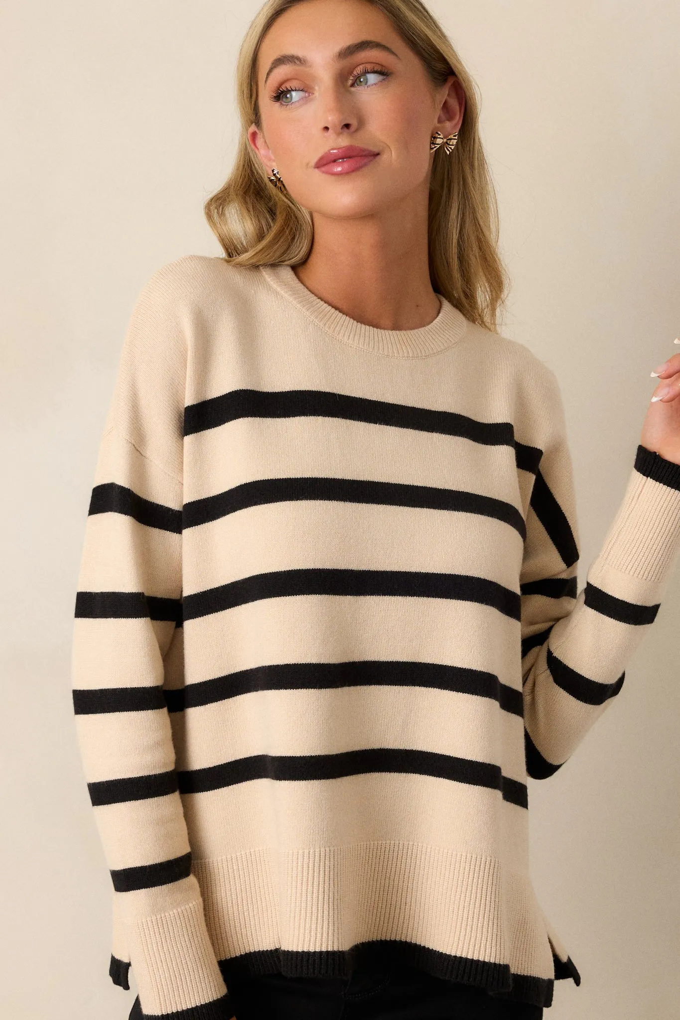 Time to Unwind Beige Stripe Knit Sweater