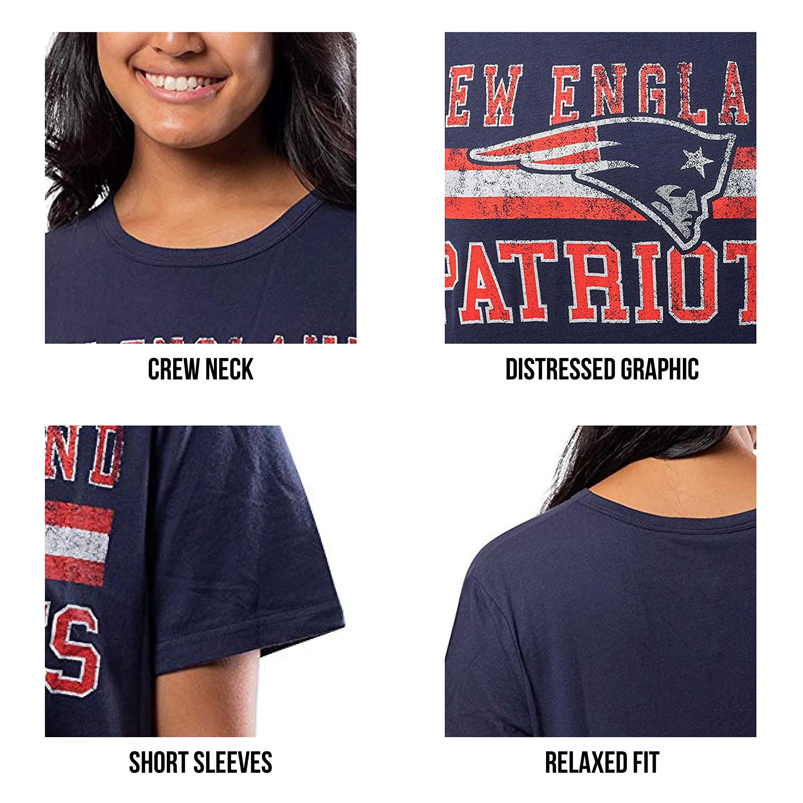 Ultra Game NFL Official Women's Distressed Graphics Super Soft Crew Neck T-Shirt, New England Patriots, Team Color|New England Patriots