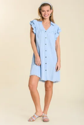 Umgee Snow Washed Dress with Ruffled Sleeves in Light Denim Blue Color