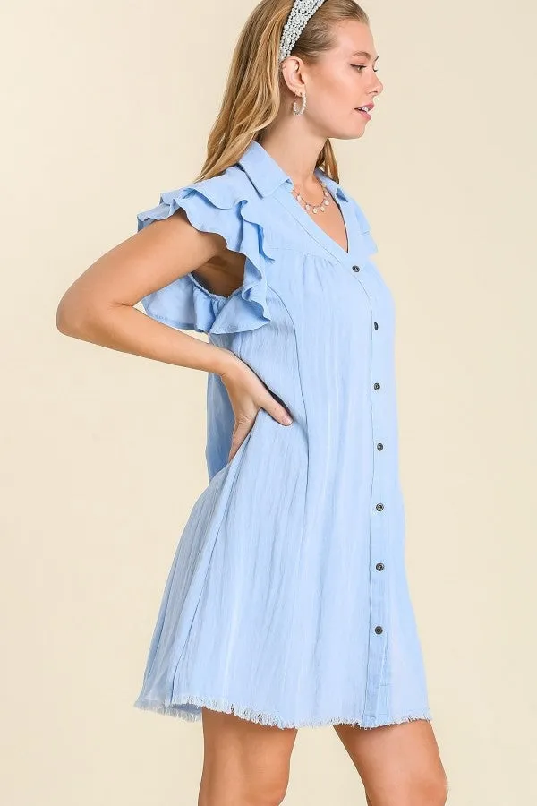 Umgee Snow Washed Dress with Ruffled Sleeves in Light Denim Blue Color