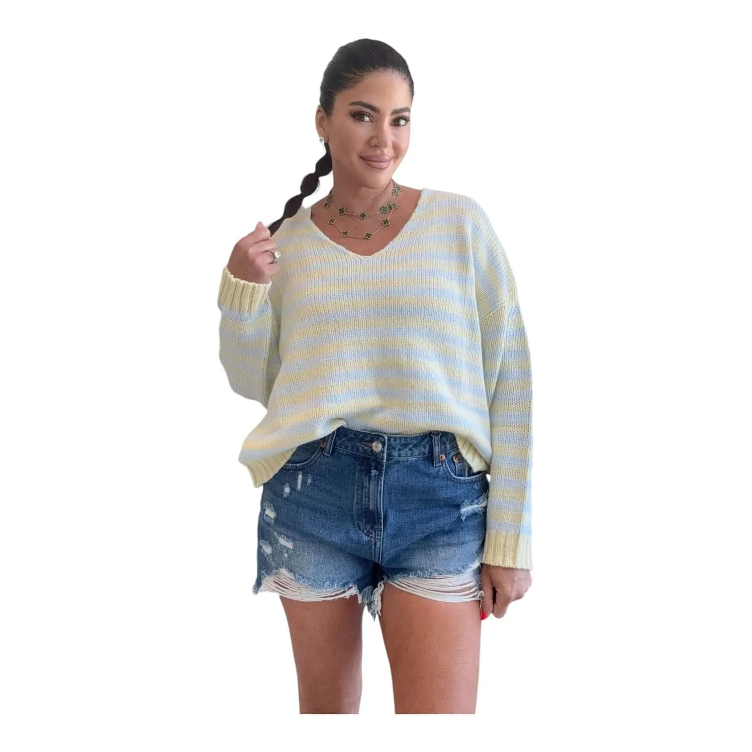 V-Neck Long Sleeve Stripe Sweater Top