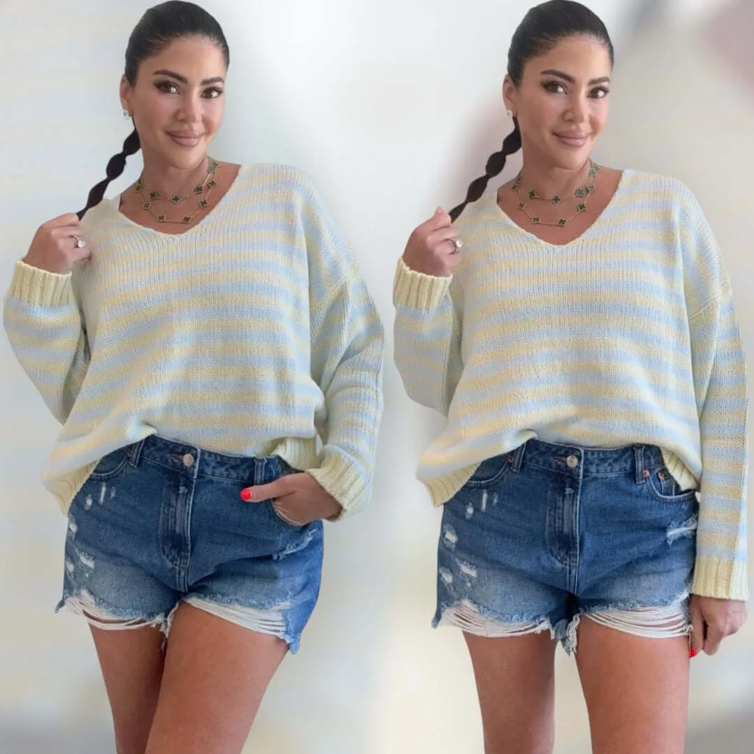V-Neck Long Sleeve Stripe Sweater Top