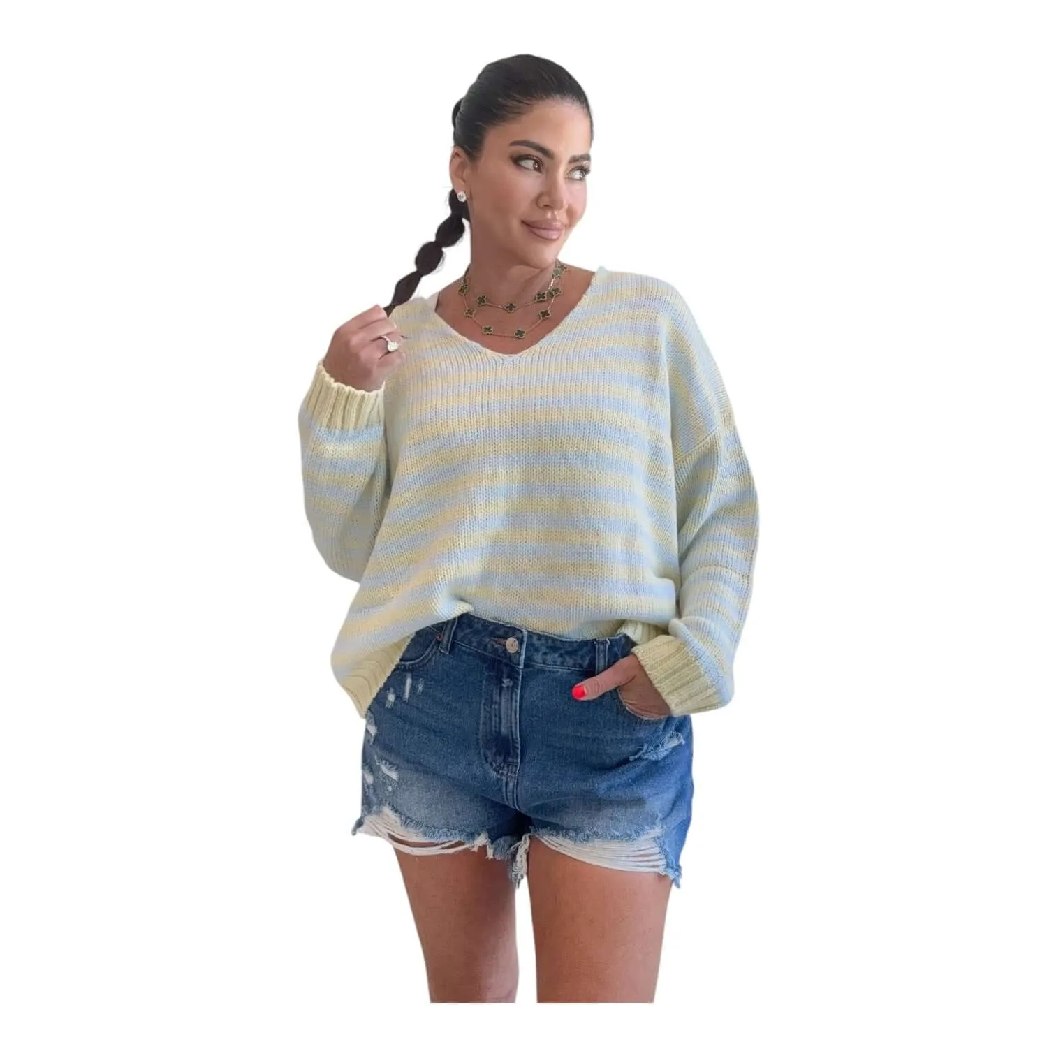 V-Neck Long Sleeve Stripe Sweater Top