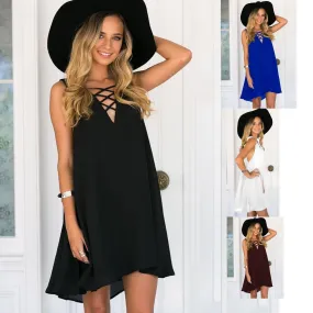 V-neck Sleeveless Pure Color Chest Cross Short Dress