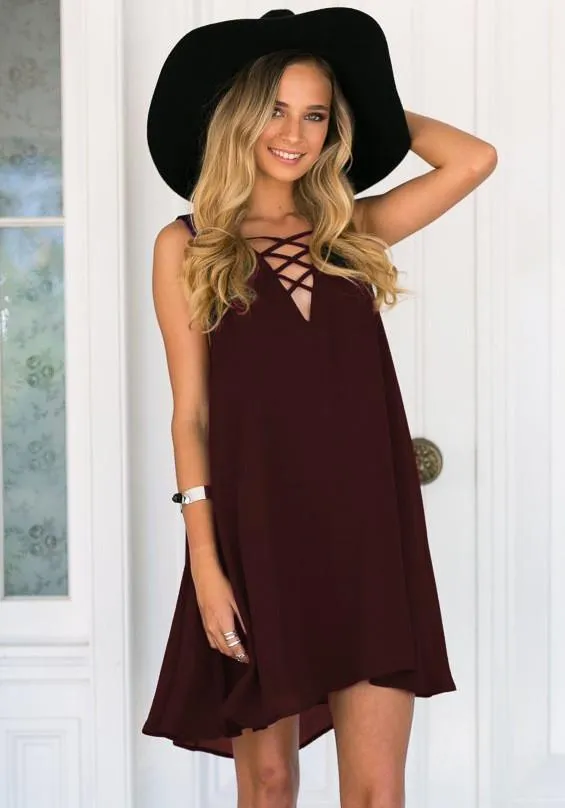 V-neck Sleeveless Pure Color Chest Cross Short Dress