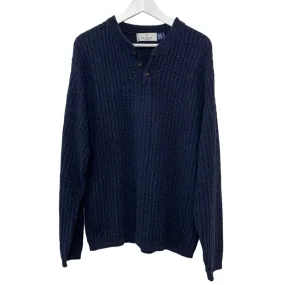 Vintage 90s Bill Blass Chunky Knit Henley Sweater Navy Blue Large