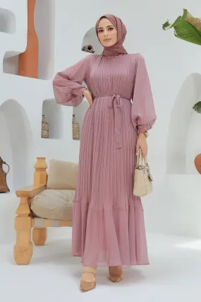 ZRF Women Balloon Sleeve Ruffled Chiffon Dress - Rose Pink - Sherman