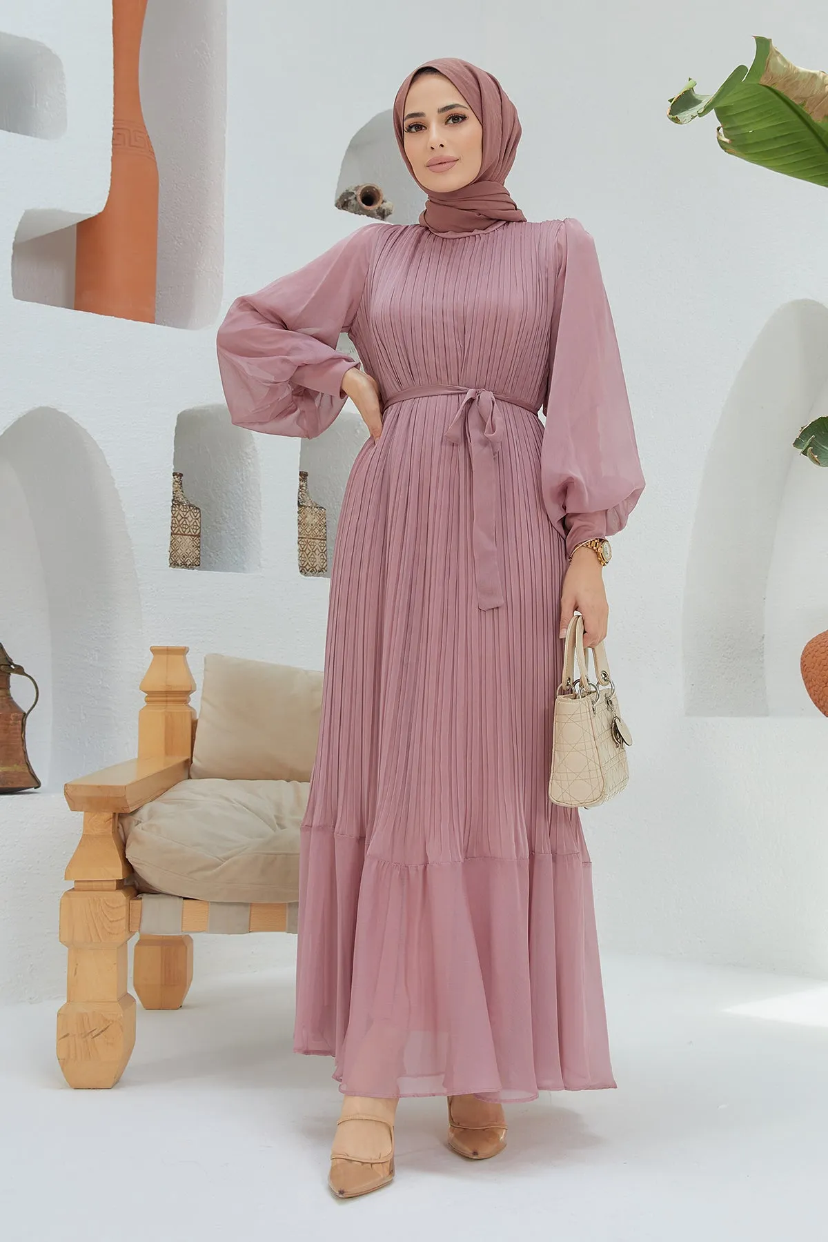 ZRF Women Balloon Sleeve Ruffled Chiffon Dress - Rose Pink - Sherman